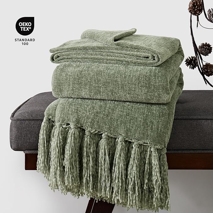 EverGrace Soft Chenille Throw Blanket for Couch, Cozy Plush Fuzzy Decorative Chenille Knit Throw Blanket with Tassels, Lightweight Blanket and Throws for Bed Sofa Gift Home Decor, Sage Green 50"x60"