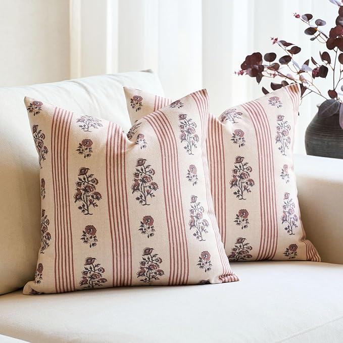 Amor Virisso Floral Throw Pillow Covers 24x24 Set of 2 Block Print Pillow Covers Neutral Floral Striped Farmhouse Decorative Pillow Covers for Sofa Couch Bed, Red