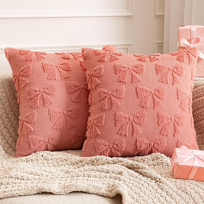 MIULEE Coral Red Bow Pillow Covers Coquette Room Decor Aesthetic Set of 2 Spring Decorative Cute Girl Soft Plush Faux Pillowcase for Preppy Room Decor Bedroom Couch,18x18 Inch