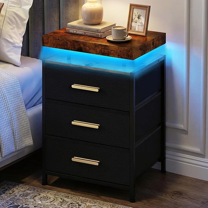Night Stand with APP Control LED Lights, 3 Fabric Storage Drawers with PU Finish, Floating Top Design, Bedside Table with Open Shelf, End Table for Bedroom, Living Room, Office (Black)