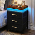 Night Stand with APP Control LED Lights, 3 Fabric Storage Drawers with PU Finish, Floating Top Design, Bedside Table with Open Shelf, End Table for Bedroom, Living Room, Office (Black)