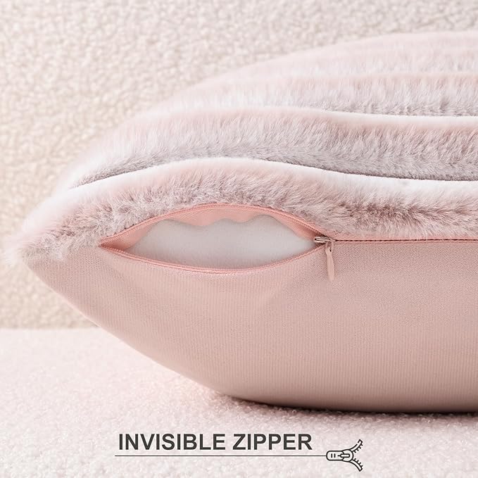 Pallene Faux Fur Plush Lumbar Throw Pillow Covers 12x20 Set of 2, Luxury Soft Fluffy Striped Decorative Pillow Covers for Sofa, Couch, Living Room, Ombre Pink