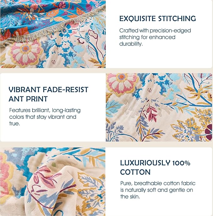 Boho Throw Blanket - 100% Cotton Throw Blankets for Bed Couch, 60"x80" Soft Muslin Lightweight Spring Throw Blanket, Cozy Floral Plant Printed Bohemain Bedding Decor Green Throw Quilt
