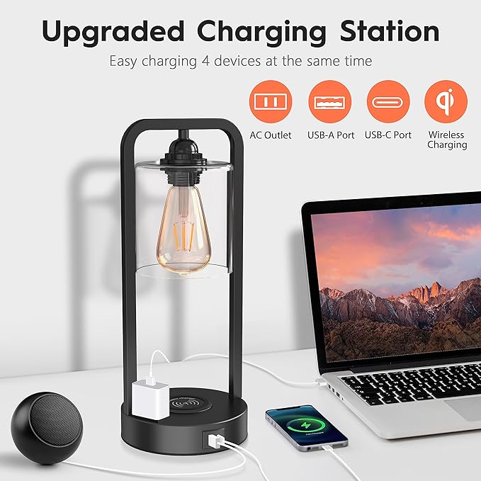 Wireless Charging Table Lamp for Bedroom Set of 2, Touch Control Dimmable with Type C USB Ports & AC Outlet Bedside Nightstand Lamp, Glass Shade Industrial Desk Lamp for Home Office, Bulbs Included