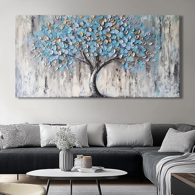 Tree of Life Canvas Wall Art - Abstract Light Blue Artwork for Living Room Bedroom Decor, Modern Framed Tree Painting Ready to Hang, Contemporary Home Wall Decoration 180x90cm (71x36in)