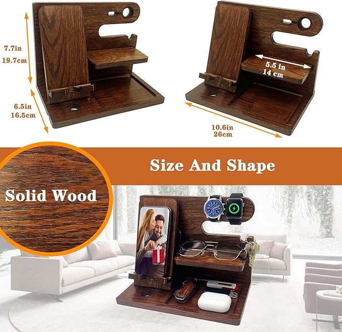 Gifts for Men Boyfriend Him Brother Nightstand Organizer Gifts for Dad from Daughter Son Wood Phone Docking Station Anniversary Birthday Gifts (Walnut)