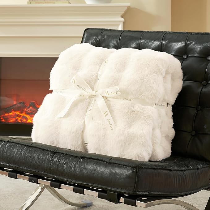 Amélie Home Faux Fur Throw Blanket, Ultra Soft Fuzzy Plush Bubble Blanket for Couch, Bed & Living Room, 60"x80", Cream White