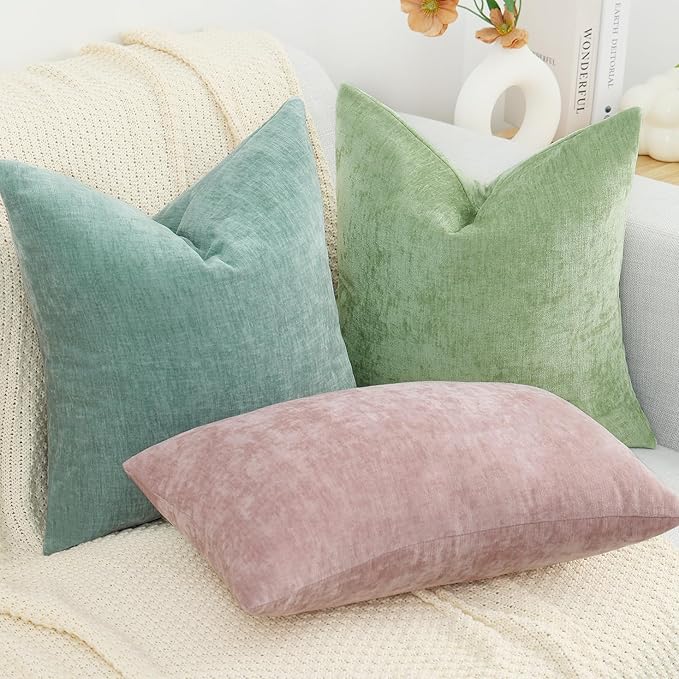 decorUhome Chenille Sage Green Summer Throw Pillow Covers 22x22 Inch Set of 2, Decorative Soft Couch Pillow Covers Solid Dyed Accent Farmhouse Neutral Square Pillow Cases for Sofa