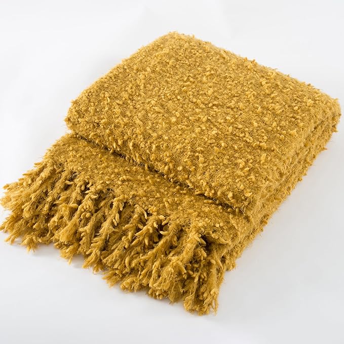 Winter Knit Throw Blanket Fluffy Fuzzy Soft Lightweight Cozy Farmhouse Tassels Chunky Knitted Throws for Couch Sofa Bed (Mustard Yellow, 60"x80")