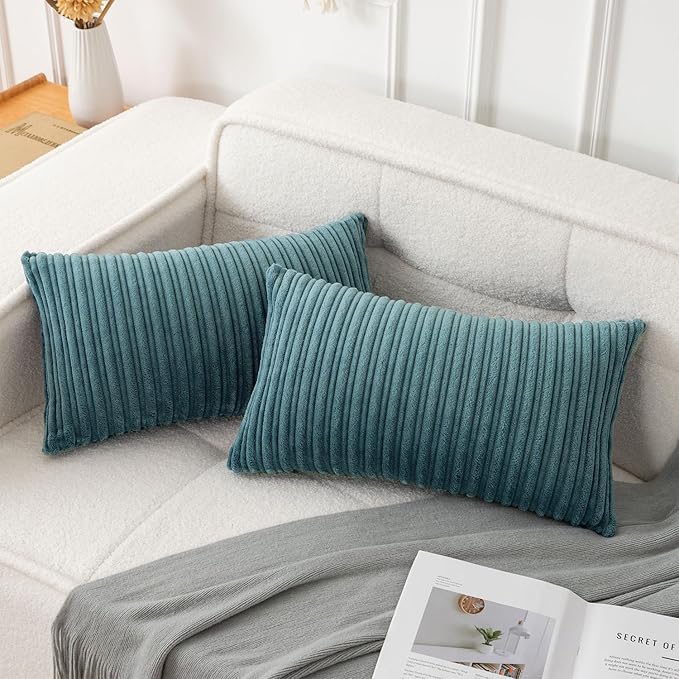 UGASA Velvet 12x20 Inch Lumbar Soft Throw Pillow Cover Boho Farmhouse Decorative Corduroy Striped Both Sides Solid Rectangular Cushion Case for Couch Bedroom Sofa Home, 1 Piece, Blue Grey