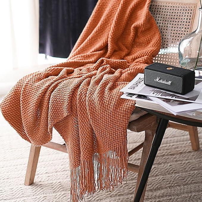 LOMAO Knitted Throw Blanket with Tassels Bubble Textured Lightweight Throws for Couch Cover Home Decor (Orange, 50x60)