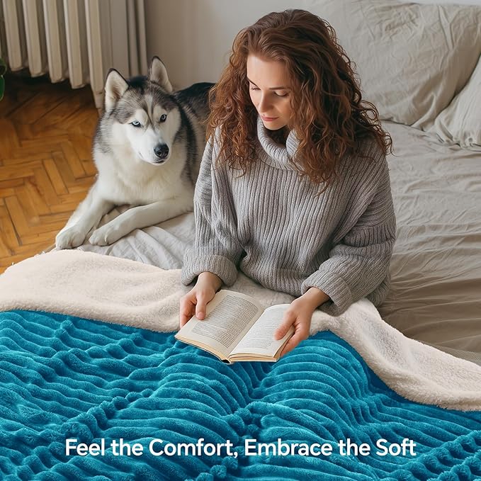 INFIIXSO Sherpa Fleece Queen Size Blanket - Super Soft & Warm Striped Fleece, Cozy Plush Fluffy Large Bed Blanket All Season Use (Teal, 90x90 Inches)