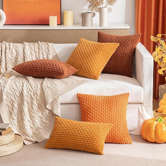 MIULEE Throw Pillow Covers Soft Corduroy Decorative Set of 2 Boho Striped Pillow Covers Pillowcases Farmhouse Home Decor for Couch Bed Sofa Living Room Rust 18x18 Inch