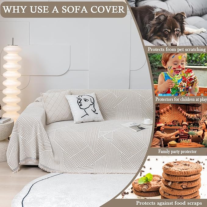 HANDONTIME Khaki Couch Cover Reversible Sofa Slipcovers Striped Sofa Towel Sofa Covers for 3 Cushion Couch Durable Couch Cover for Dogs Chenille Furniture Protector Cover with Tassel, 71" X134"