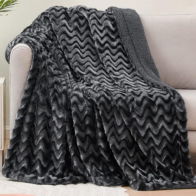 Whale Flotilla Faux Fur Sherpa Throw Blanket for Couch Sofa, Cozy Reversible Fuzzy Fluffy Plush Throws for All Season, Warm and Soft, 50x60 Inch, Black