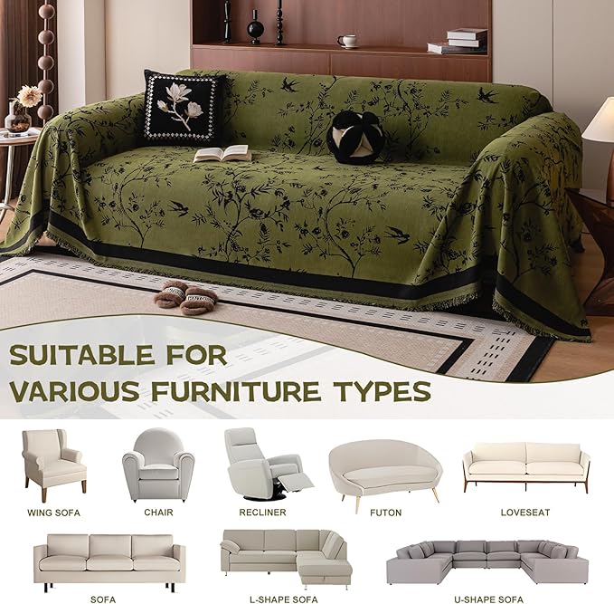 HANDONTIME Couch Cover for Dogs Washable Bird Floral Pattern Slipcovers for Couches and Sofas Green Sofa Covers with Black Jacquard Flower Chenille Couch Cover Blanket Pet Friendly, 71" X 134"