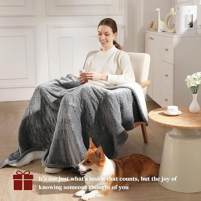 Electric Throw Blanket Heated Throw 50''x60''- Wheat Pattern Flannel & Sherpa Heated Lap Blanket with 5 Heat Settings & 4-Hour Auto Shut-Off, ETL & FCC Certified, Machine Washable Home Use, Grey