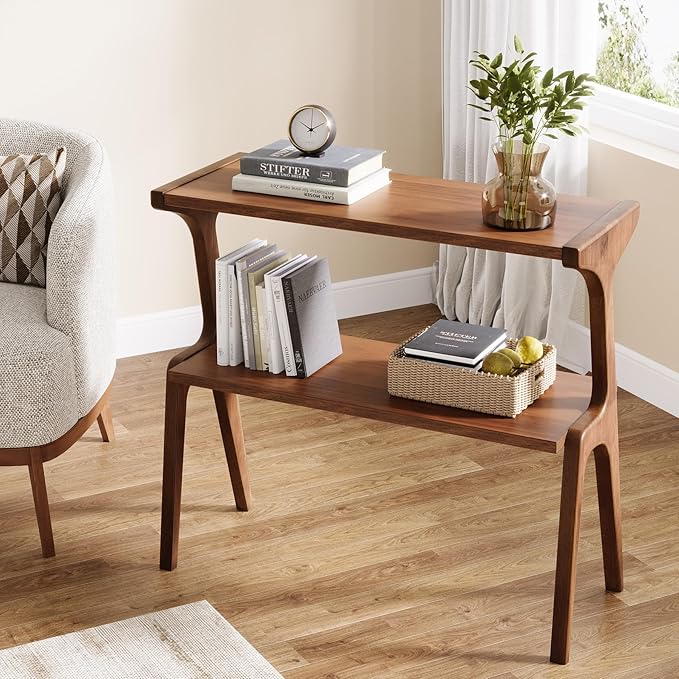 Tribesigns Solid Wood End Table, Rustic Side Table for Couch, 2-Tie Farmhouse Tall End Table, Narrow Bedside Table for Bedroom, Living Room, Easy Assembly, Rustic Brown