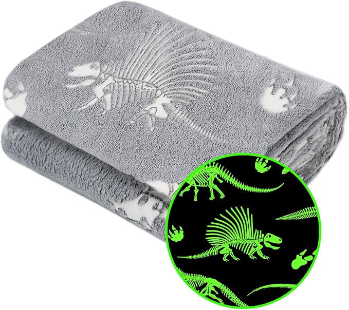 Glow in The Dark Blanket Dinosaur Throw Blanket for Boys Kids Soft Warm Cozy Cute Dino Blanket Unique Dinosaurs Toys Gifts Gray Glowing Dinosaur Room Decor Blankets for Girls Teens 50"x60"