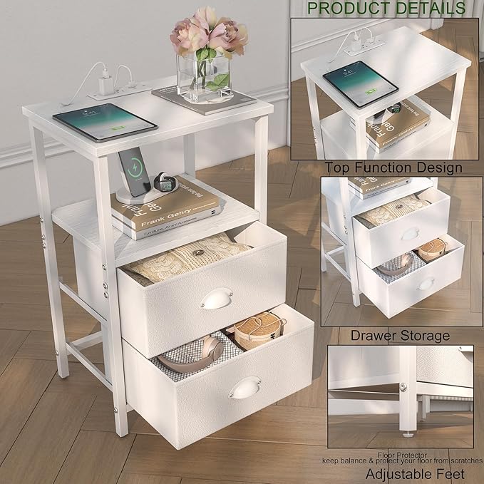 Nightstand with Charging Station, LED Night Stand Set 2, Bedside Table End Tables Set of 2, Bedroom Tables with 2 Fabric Drawers PU Finish, 3-Tier Storage Side Table for Bedroom,White