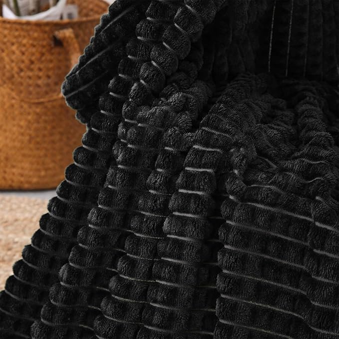 Puncuntex Flannel Fleece Throw Blanket Black 60"×80",Super Soft Plush Cozy Blanket with Square Grid Design Luxury for Couch Sofa Chair