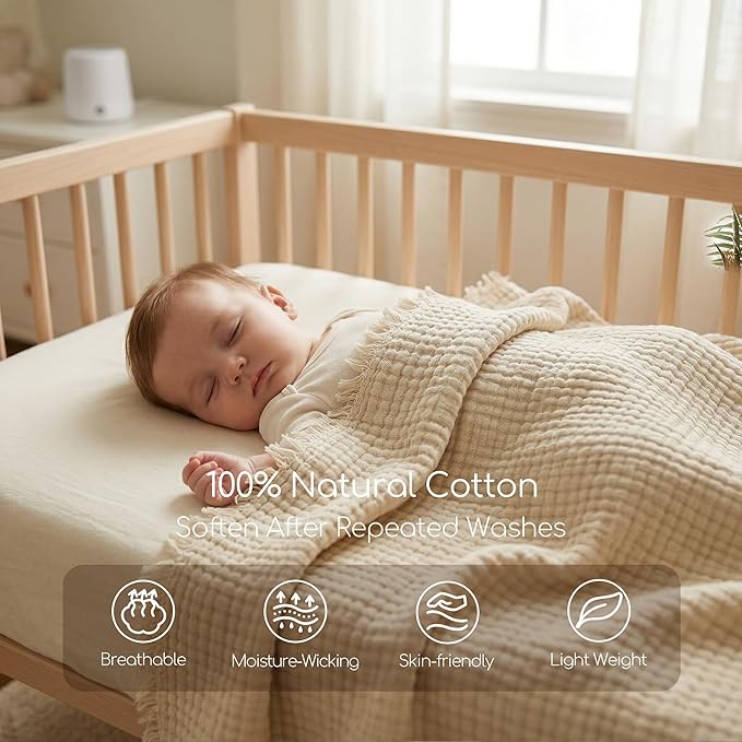 WDCOZY 100% Cotton Muslin Blanket King Size 4-Layer for Bed Breathable Lightweight Soft Large Boho Farmhouse Linen Tassels Ruffle Gauze Blankets All Season for Adults 108x90 Inches Beige Tan Neutral