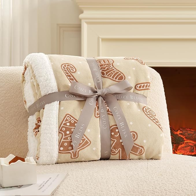 Cozy Bliss Luxury Sherpa Throw Blanket for Couch, Premium Reversible Thick Throw with Gingerbread & Candy Cane Design, Warm Cozy Soft Blanket for Home and Gifts (60 * 80)