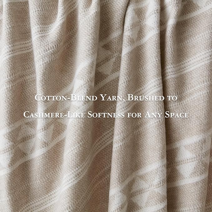 Woolrich Cotton Blend Jacquard Throw with Fringe Edge, Lightweight All-Season Decorative Throw Blanket, Machine Washable, Oeko-TEX Certified, Ivory Stripe, 50"x60"