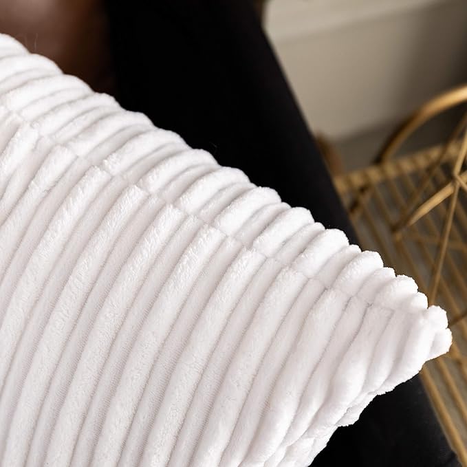UGASA Pack of 2, Velvet Pillow Covers Striped, Decorative Throw Cushion Case with Hidden Zipper for Home Couch/Bedroom/Car, Soft Cozy Solid Square (20"x20", Pure White)