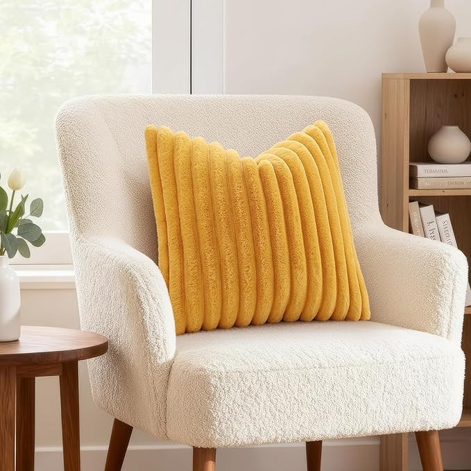 decorUhome Summer Cozy Faux Fur Throw Pillow Covers 16x16 Set of 2 Decorative Soft Plush Striped Modern Farmhouse Boho Couch Pillow Cases with Velvet Back for Sofa Bed Living Room, Mustard Yellow
