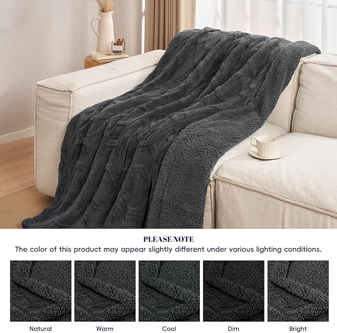 PHF Fluffy Sherpa Fleece Blanket Queen Size for Winter, Warm and Cozy, 510GSM 3D Tufted Shaggy Fleece Blanket for Sofa Bed, Dark Grey, 90"x90"