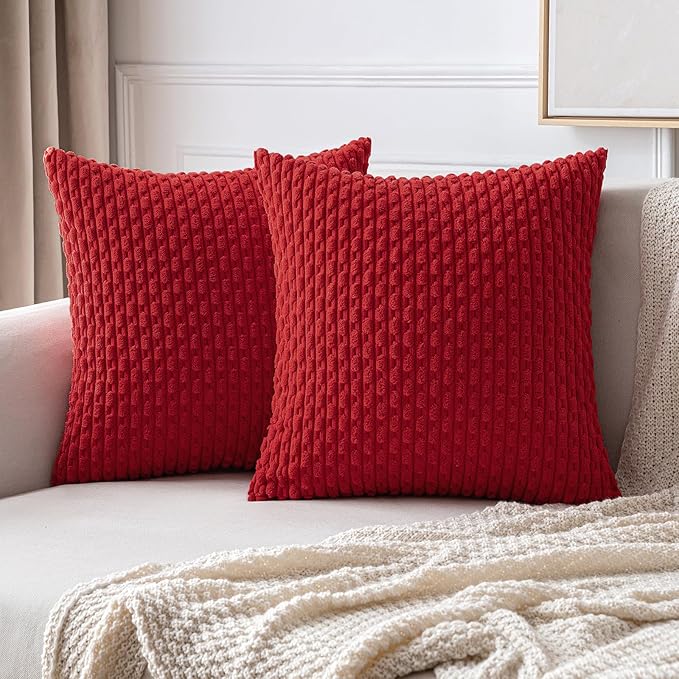 MIULEE Red Throw Pillow Covers Soft Corduroy Decorative Eruo Sham Set of 2 Boho Striped Pillow Covers Pillowcases Farmhouse Home Decor for Couch Bed Sofa Living Room 24x24 Inch