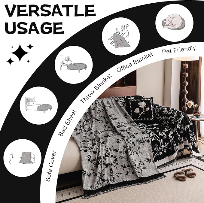 HANDONTIME Couch Cover for Dogs Washable Bird Floral Pattern Slipcovers for Couches and Sofas Black Sofa Covers with White Jacquard Flower Chenille Couch Cover Blanket Pet Friendly, 71" X 150"
