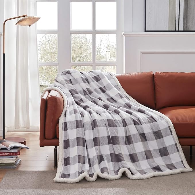 Touchat Sherpa Plaid Twin Blanket 60" X 70", Fuzzy Fluffy Soft Cozy Throw Blanket, Twin Size Plush Fleece Flannel Plush Microfiber Blanket for Couch Bed Sofa (Grey)