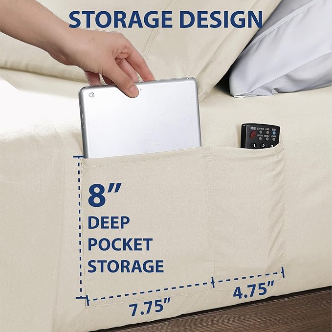 Swift Home Smart Sheets, Ultra Soft Brushed Microfiber 3-Piece Sheet Set, Fitted Bed Sheet with Side Storage Pockets – Coconut Milk, Twin XL