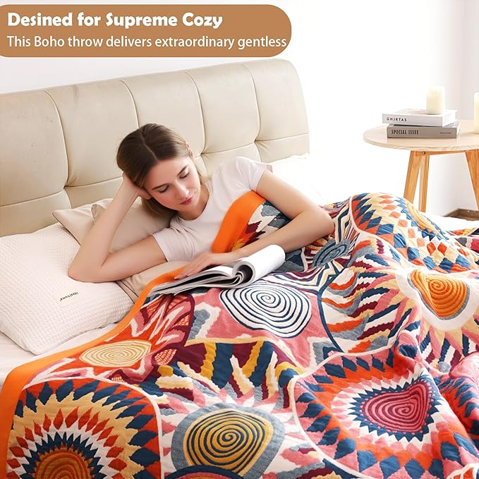 Boho Throw Blanket, 100% Organic Muslin Cotton Skin-friendly Breathable Ultra Soft Bed Quilt Throw - All Season Bohemian Decor Luxury Colorful Blanket for Sofa Couch Chair and Gift. 80" x 90"