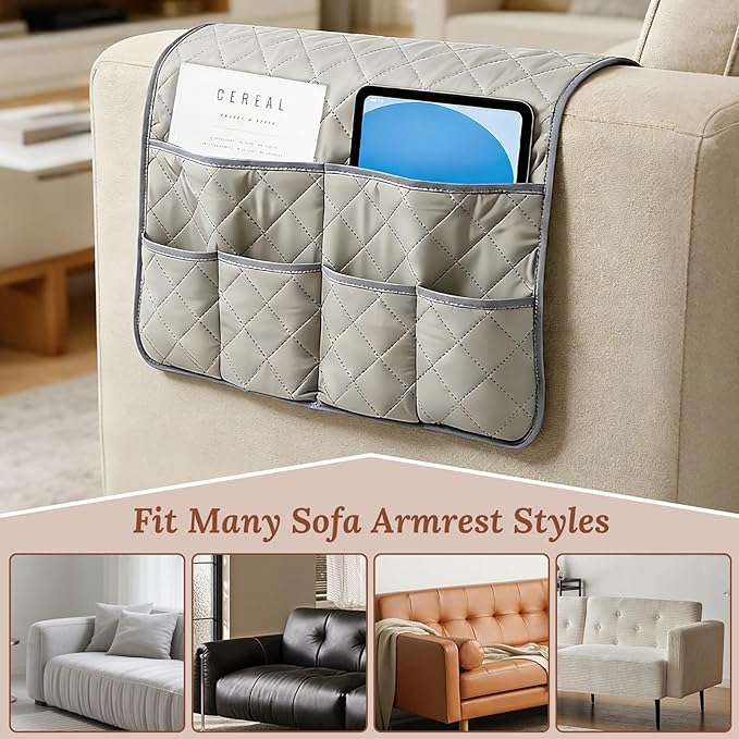 Sofa Armrest Organizer with 6 Pockets, Remote Control Holder for Recliner, Non-Slip Couch Sofa Chair Armrest Organizer, Armchair Caddy Bedside Storage for Magazine Book TV Phone iPad Tablett (Grey)