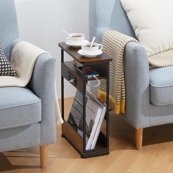 Narrow Side Table With Charging Station, 3-Tier End Table with 2 USB Ports & Power Outlets,Thin Sofa Side Table for Narrow and Small Spaces, Bedside Table Nightstand for Living Room,Rustic Brown