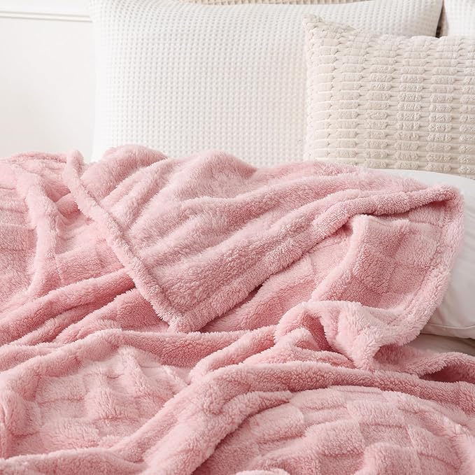 Light Pink Fleece Throw Blanket 60”×80” for Couch Sofa Bed,Super Soft Cozy Plush Microfiber Flannel Blanket with 3D Checkered Design Lightweight for Adults,Woman,Girls