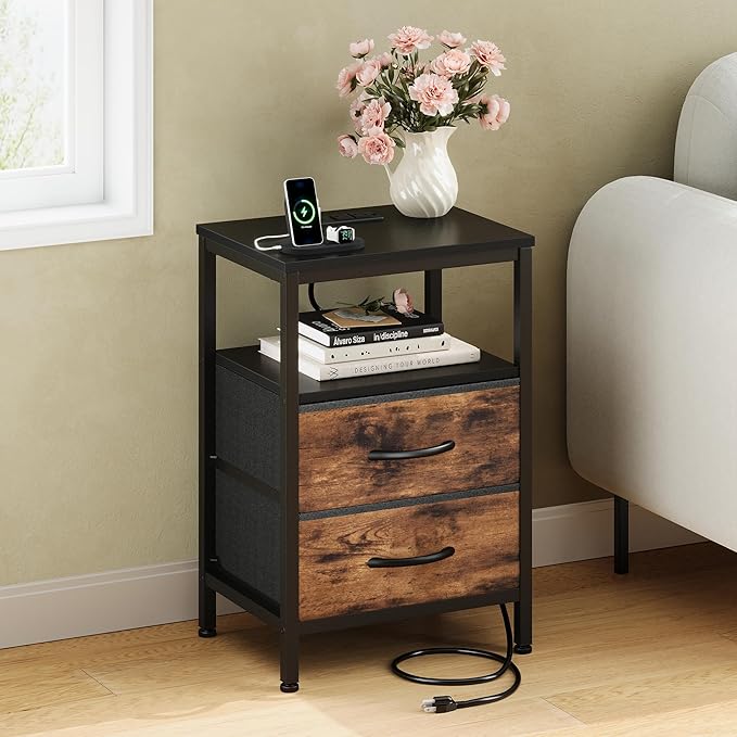 DUMOS Nightstand Set of 2 with Built in Charging Station USB Ports and Outlets Adjustable Fabric Drawer Storage Bedside Table with Open Shelf for Bedroom,Black and Brown