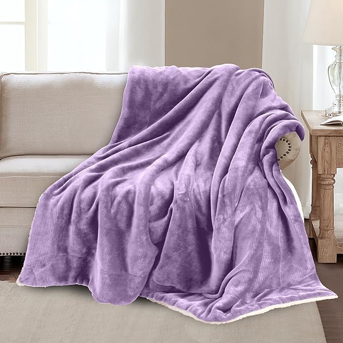 Mocassi Premium Ultra-Soft Velvet Touch Flannel Fleece Sherpa Throw - Warm Cozy Reversible Plush Micromink Throw Blanket for Couch, Bed and Sofa - Fluffy, Christmas Winter Bedding Gift, Lavender