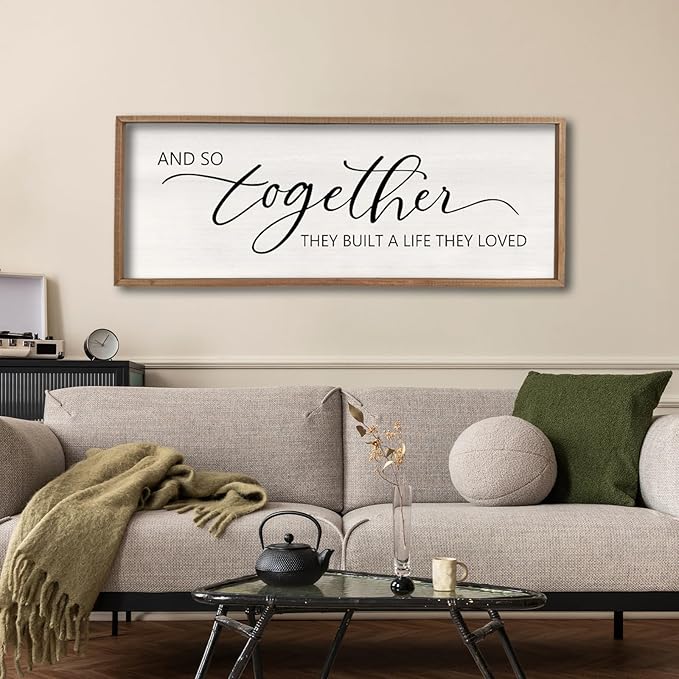 comurdyo And So Together They Built A Life They Loved Sign 32”X12” Master Bedroom Above Bed Wall Decor Large Framed Wood Farmhouse for Over Bed Bedside Wall Art for Love Sign Decor (Wood)