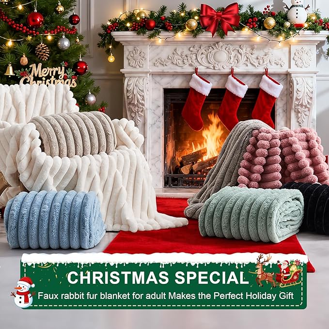 Lotus Karen Faux Fur Blanket for Bed Queen Size, Cozy Soft Fluffy Fuzzy Blue Blanket, Striped Warm Thick Furry Plush Shaggy Large Blankets for Women, 90x90