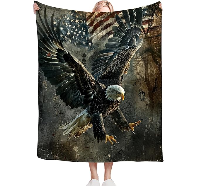 American Eagle Bald Eagle Throw Blanket - Soft, Warm & Cozy Fleece for Couch, Sofa, Bed - 50"x40" - Flag Pattern - Unisex Adults & Kids