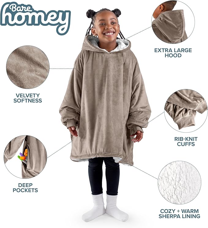 Bare Home Wearable Blanket Hoodie - Soft Plush Sherpa - Warm and Cozy - Oversized Wearable Blanket - Adult & Kid Sizes