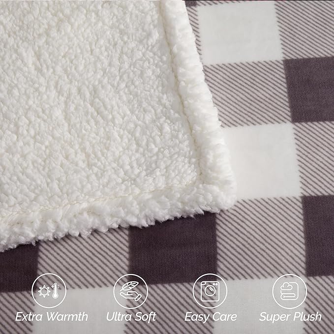 Elegant Comfort Ultra Soft Reversible Buffalo Plaid Flannel Sherpa Blanket - Cozy Silky Checkered Fleece Throw for Couch, Bed - Plush Fuzzy Warm Winter Blanket for Gift, King, Gray