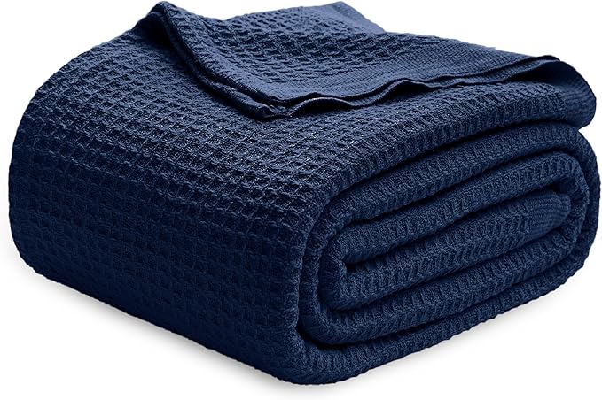 Bedsure Gentlesoft 100% Cotton Blanket Queen Size for Bed - Breathable and Soft for Spring Summer, Thick Cozy Waffle Weave Blanket Gifts for Women, Pageant Blue, 90x90 Inches