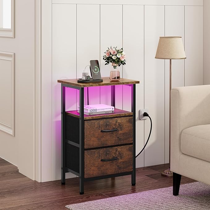 Vagusicc Night Stand Bedside Table Bedroom, LED Nightstand with Charging Station, End Table with USB Ports & Outlets, 24.2" Tall Bed Side Table with 2 Fabric Drawers and Storage Shelf, Rustic Brown