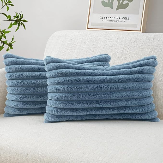 MIULEE Faux Fur Lumbar Decorative Throw Pillow Covers 12x20 Inch Set of 2, Coastal Modern Art Spring Home Decor Soft Plush Couch Pillows Cozy Fluffy Cushion Covers for Sofa Bed Grey Blue