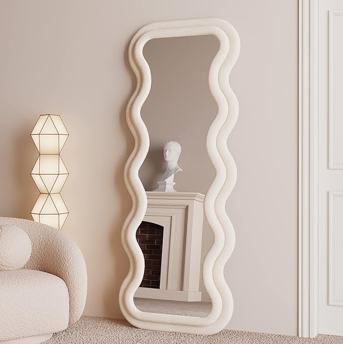 BOJOY Full Length Mirror 63"x24", Irregular Wavy for Standing Hanging or Leaning Against Wall for Bedroom, Flannel Wrapped Wooden Frame-White